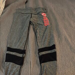 Grey Athletic Leggings with Black Knee Panels and Red 'REDS' Accent